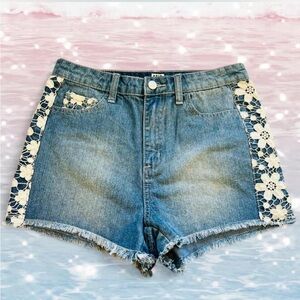 UNIQ blue denim shorts with white floral lace trim size M